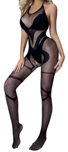 PARUPRUP Women Sexy Transparent Net Bodystocking Halter Fishnet Bodysuit Mesh Sheer Catsuit Hollow Out Full Body Lingerie See Through Naughty Babydoll Stretchy Nightwear (Black-Backless, One Size)