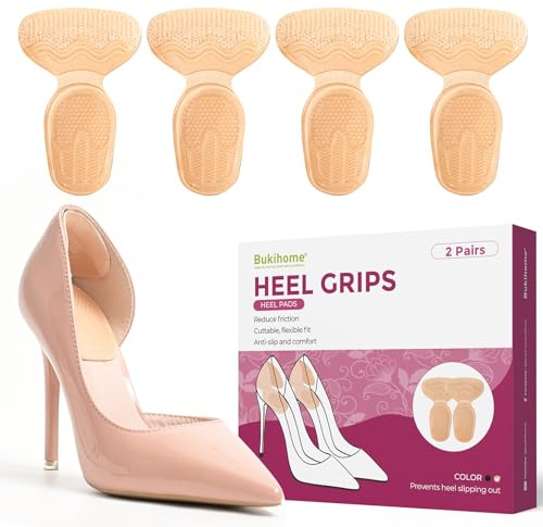 Heel Grips for Women Shoes - Bukihome Heel Pads for Shoes that are Too Big, Non-Slip, Reduce Friction T-Shape Design Shoe Cushions for High Heels, Sandals, Pumps, Flats, Boots (4 Pcs, Beige) | 2 in 1 cushion and grip, cushioning, suitable for pumps, sandals, boots, easy adhesive application, residue-free