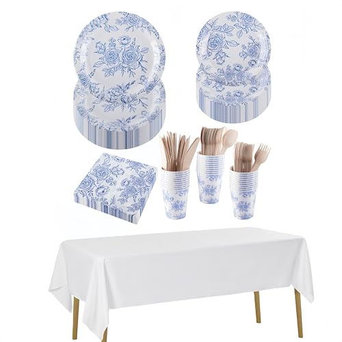 CEILIWEN Set da tavola di carta per 30 ospiti, 212 pezzi, con piatti, tazze, tovaglioli, posate e tovaglie per un elegante tè pomeridiano, matrimonio, compleanno (blu)
