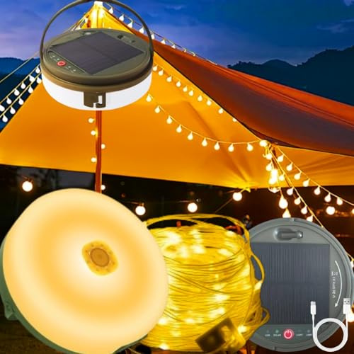 12M Luci Solari da Campeggi con Telecomando, 120 LEDs Catena Luminosa da Campeggi Arrotolabile, 8 Modalità di Illuminazione Luci Natale Esterno Ricaricabile USB per Campeggio (bianco caldo, 12M)