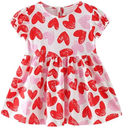 Girls Heart Pattern A-line Short Sleeve Soft Dress for Baby Teens 2 Years Old