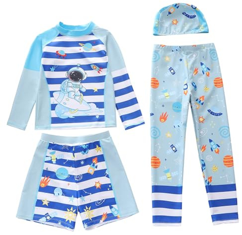 Generisch Set di costumi da bagno per ragazzi a maniche lunghe Rashguard pantaloni da nuoto ad alta protezione per sport acquatici sicuri, Blu, 6-7 Anni