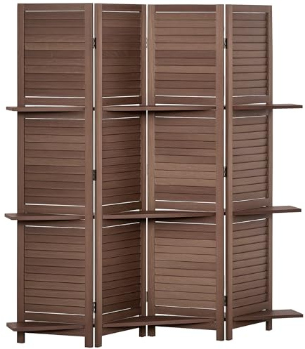 HOMCOM Biombo Plegable de 4 Paneles con 3 Estantes 162x170 cm Nogal