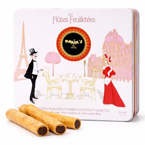 Maxim’s – Coffret 16 flûtes feuilletées chocolat noisette – Biscuits croustillants fourrés praliné – Boîte métal cadeau – Pause café gourmande – 90 g