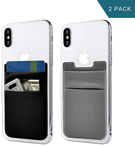 Newseego 2 Pack de Tarjeta de teléfono Celular Wallet [Double Pouch] Stick on Wallet Tarjetero de teléfono Phone Pocket Pouch Stretchy Phone Sleeve para iPhone & Android(Negro y Gris)