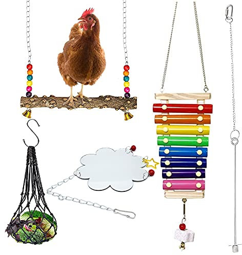 Allazone 5 PCS Jouets pour Oiseaux Jouet de Poulet, Jouets de Balançoire de Poulet Légumes Brochette De Fruits, Jouet de Xylophone de Poulet, Jouets Poulet en Miroir pour Poulet Perroquet Oiseau