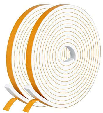 Draught Excluder Self Adhesive Foam Tape 6mm(W) x 3mm(T) Window Door Weather Stripping SoundProof Weather Strip Tape Seals for Gap Seal,2 Rolls, Total 20M Long White