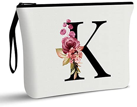 A-Z Personalized Makeup Bag, Birthday Gifts for Women Mom Bridesmaid (K) | Initial Gifts for Best Friend, Bride Girls, Cosmetic Bag