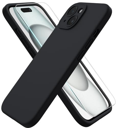 ACRONIX für iPhone 15 Hülle Silikon (2024) mit Kameraschutz und 1 Stück Schutzfolie, Ganzkörper-Case, Stoßfeste, Anti-Kratzer Mikrofaser Handyhülle iPhone 15 - Schwarz