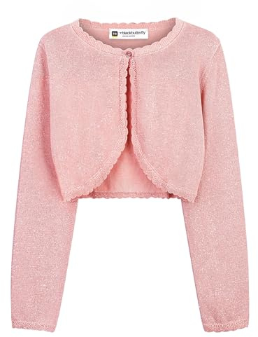 BlackButterfly Girls Sparkle Bolero | Open Front, Long Sleeves, Scalloped Trim, Single Button, Soft & Stretchy, Ages 3-14, Metallic Thread Detail