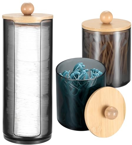3 Stk Wattestäbchen Behälter, Wattepadspender, Wattepads Aufbewahrungbox, Wattestäbchen Halter mit Bambusdeckel für Wattebällchen Kosmetik Behälter Badezimmer Schminktisch Organizer Zubehör, Schwarz