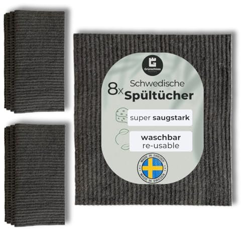 Grünschloss Lot de 8 chiffons de nettoyage lavables en coton et cellulose de bois (fabriqués en Suède) - Extra absorbants - Pour la cuisine - Modernes et hygiéniques