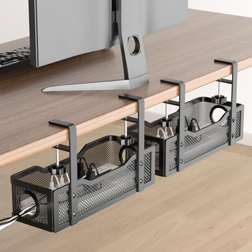2 Pack Under Desk Cable Management Box Black, Cinati 26.8 Wire Organizers No Drill, Cord Organization Tray with Clamp for Office, Home - No Damage to Desk