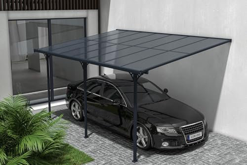 Cazeboo Pergola/Carport Aluminium, Abri de Voiture KLEO, 450 x 300 cm, Gris, Pergola adossée, 13,5m², Toit Polycarbonate