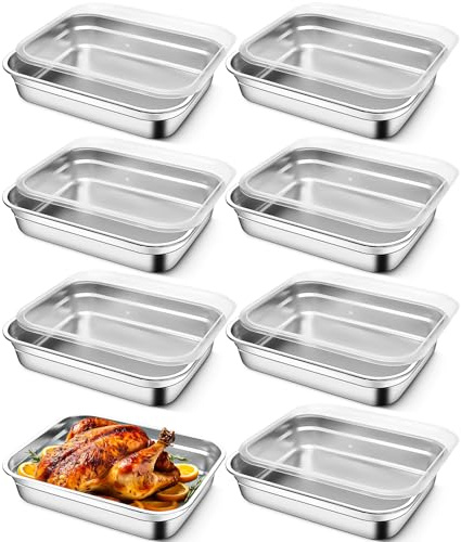 8 Pcs Large Stainless Steel Food Containers,Stackable Snack Storage Boxes, Lid Food Container, Reusable Food Storage Container for Travel and Work, Dishwasher Safe, Freezer Safe (32 x 26 x 7 cm)