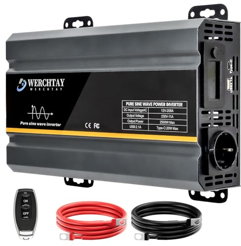 2500W/5000W Wechselrichter 12V auf 230V Reiner Sinus, Spannungswandler mit LCD-Display, EU Steckdose, Fernbedienung, USB-2.1A, Type-C 20W für Wohnmobil LKW Haushaltsgeräten