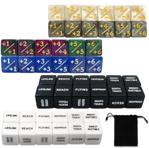 Lot de 48 dés compteurs de dés, en acrylique, avec pochette en velours, compétences mots-clés, compteurs, cubes de fidélité, accessoires Magic The Gathering pour jeu de cartes MTG TCG