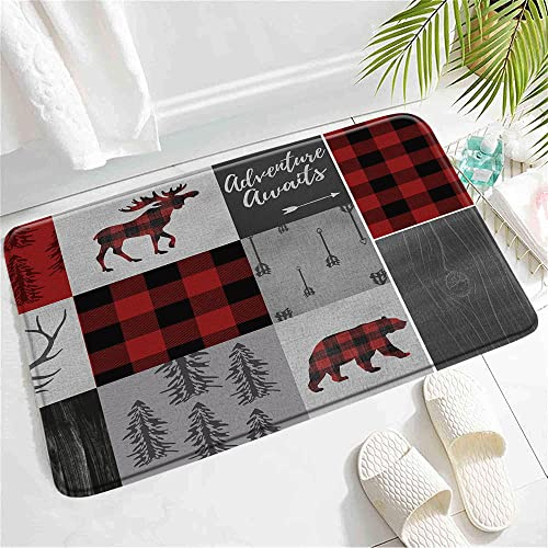 Moderno Tapete Cabina rústica del Oso Caza del Ciervo Animal Salvaje Rojo Gris búfalo Comprobar Alfombra Antideslizante Almohadilla de baño 40×60cm para Bañera,Jardín,Cocina