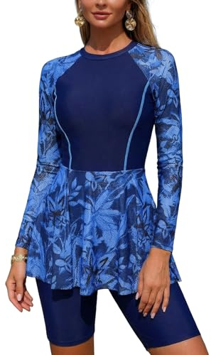 AGYMNX Modest Swimwear for Women 2 Pieces Rash Guard Swimsuits Set Long Sleeve Swimdress with Boyshorts Muslim Swimming Costume Printed Sun Protection Beachwear Blue L