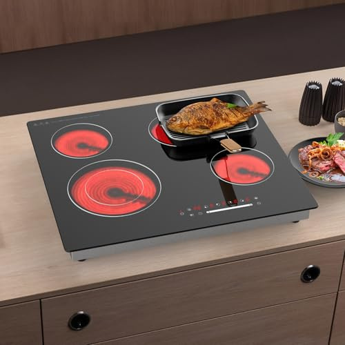 Argyolas Piano Cottura in Vetroceramica 4 Zone 60 cm, 6700W, Controllo Slider Touch, Doppia Zona e Zona Pesce
