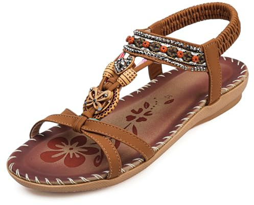 HODTOB Womens Sandals Arch Support Summer Beach Sandals Comfort Walking Orthopedic Bohemian Rhinestones Sandals Brown 4.5UK