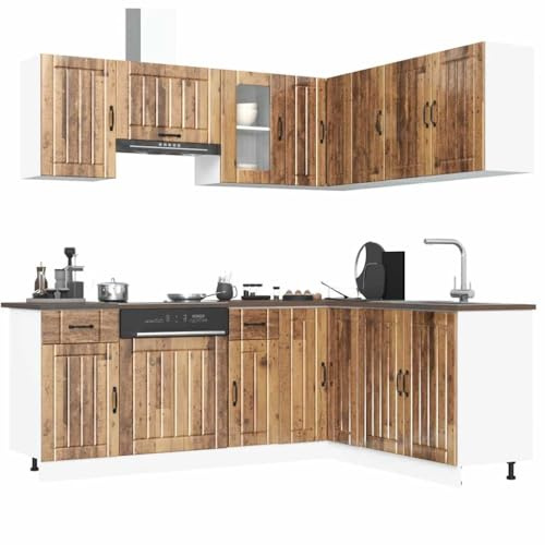 Ziaphsol Lucca Lot de 11 armoires de cuisine en bois vieilli avec beaucoup d'espace de rangement, pieds réglables, autonomes, armoires d'angle et suspendues, idéal pour salle à manger et garde-manger