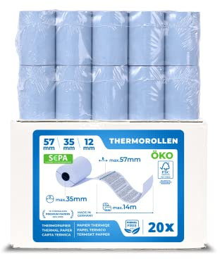 THERMALKING - ÖKO - EC Cash Rollen Thermopapier 57mm x 35mm x 12mm - Thermorollen 57x35x12 für EC & Kredit-Kartenlesegeräte - Mit SEPA-Lastschrifttext - Phenolfrei - Für Systeme bis 14m Papierbedarf