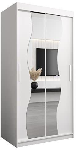 KRYSPOL Schwebetürenschrank Madryt 100 cm mit Spiegel Kleiderschrank mit Kleiderstange und Einlegeboden Schlafzimmer- Wohnzimmerschrank Schiebetüren Modern Design (Weiß)