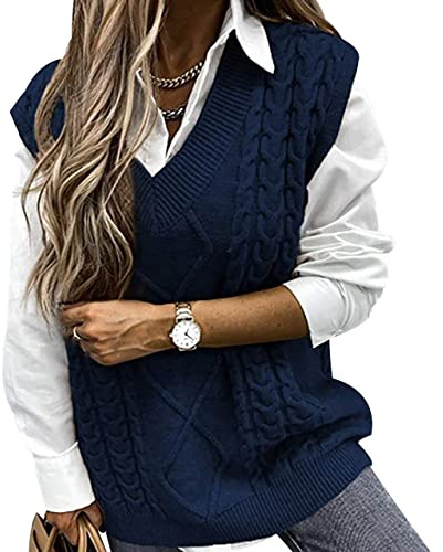 Pull Sans Manche Femme Col V Gilet Maille Tricoté Pullover Chandail Large Fine Marine L