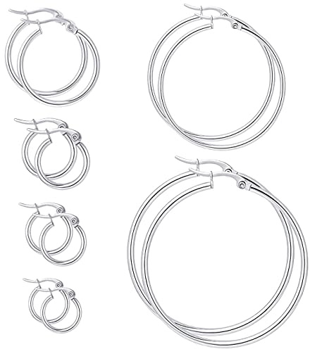 Xelparuc Silver Hoops Earrings for Women, 6 Big Pairs Stainless Steel Hoop Earrings, Thin Hypoallergenic Oversize Earrings Jewelry for Women Girls(Size: 15/20/30/40/50/60mm)