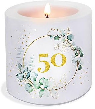 Kerze 50 Jahre als Tischdeko oder Geschenk für Geburtstag und goldene Hochzeit. Kerze mit Motiv als originelle Deko Ø8 x Höhe 7,5cm