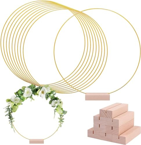 10 Pezzi Cerchi Metallo per Ghirlande, 20cm Anelli Ghirlanda d'Oro con 10 Base in Legno, Cerchio Metallo Allestimenti da Tavolo per Fai da Te da Te Ghirlande da Tavolo di Nozze Decorazioni