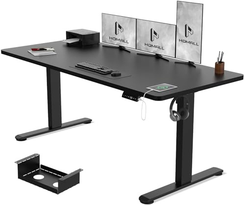 Homall 160x80cm Height Adjustable Standing Desk with USB Charging,Sit Stand with Wire Management Tray, Stand up Desk Heavy Duty Steel with 3 Memory Setting,Black