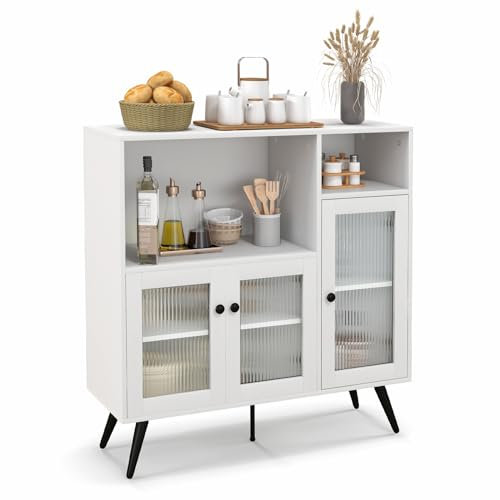 GIANTEX Küchenschrank Buffetschrank mit Glastüren, Küchenbuffet Sideboard mit verstellbaren Regalen, Aufbewahrungsschrank Kommode Holz mit 5 Metallbeinen, Staufschrank 100x40x100 cm (Weiß)