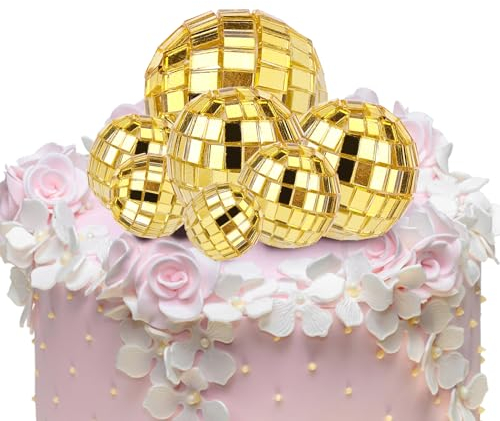 7pz Disco Ball Topper Per Cupcake, 4 Dimensioni Topper per Torta a Tema Discoteca Palla da Discoteca Torta Decorazioni per Feste a Tema Discoteca per Bomboniere a Tema Anni '70 (Oro)