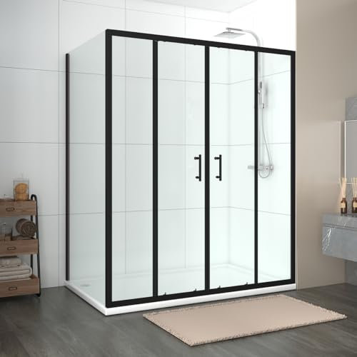 NRG 1600 x 700mm Sliding Shower Enclosure Matte Black Framed Bathroom Cubicle Screen Door with Side Panel