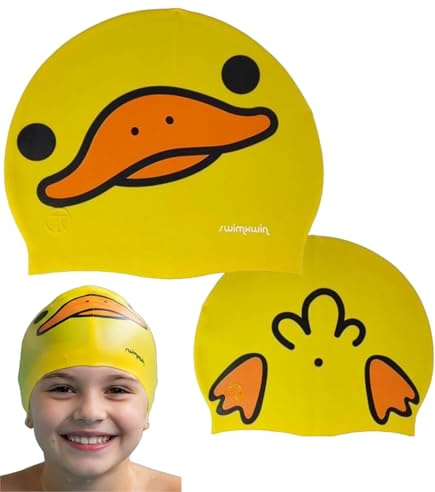 SWIMXWIN Schwimmkappe Silikon Qua Qua Ente Gelb Lustig Mit Motiv Badekappe Kinder Geeignet Auch Fuer Erwachsene Hallenbad Freibad Freiwasser Training Aquagym Triathlon Wasserball Geschenk