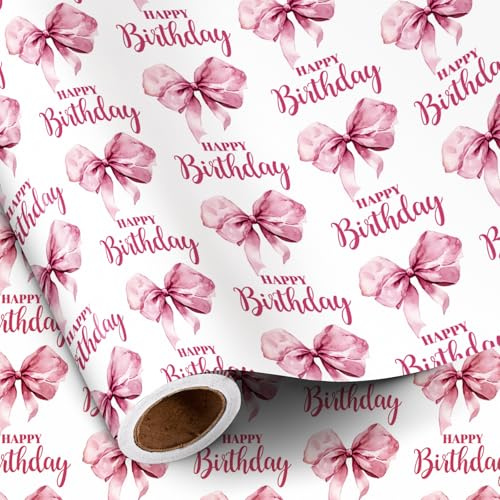 RUSPEPA Birthday Wrapping Paper Roll Women Girls, Mini Roll, Watercolor Pink Bow and Happy Birthday Text Design Gift Wrap Paper for Baby Shower and Party, 43.2cm x 5m