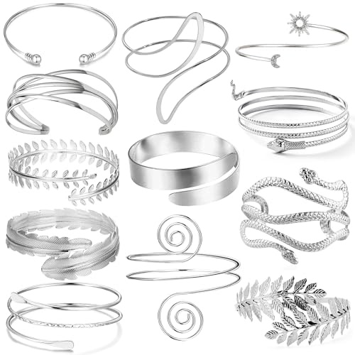 GIFIKOI 12 Pcs Arm Cuff Bracelets for Women Boho Upper Arm Bands Leather Armband Armlet Feather Cuff Bangle Bracelet Open Golden Arm Cuffs Set Silvery