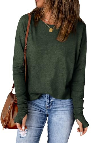 WIHOLL Long Sleeve Tops Women Basic Boat Neck Ladies Tops Thumb Hole Tunic T Shirt Women Size 18-20 Green