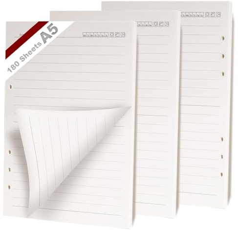 KINETOX Confezione da 3 fogli di carta a righe A5, 180 fogli di carta a quadretti, raccoglitore ad anelli a 6 anelli, inserto di ricambio per planner, quaderni, diari, album da disegno, planner