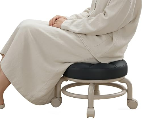 ZJchao Tabourets Bas à roulettes Universels Pivotants à 360° en Cuir, Siège Rond à roulettes, pour la Maison, Le Bureau, Le Garage, L'atelier, Le Fitness (Black)