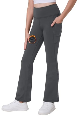 Desol Pantaloni termici da ragazza con tasche per adolescenti, pantaloni sportivi e leggings flared per sport, pantaloni da ginnastica e pantaloni da jogging, grigio., 9-10 Anni