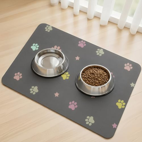 SARTNP Dog Food Mat Water Absorbent Cat Dog Mat for Food and Water Bowl, Non Slip Pet Feeding Mat No Stains Dog Feeding mat, Quick Dry (Dark Grey-Star Paws, 30 x 50 cm)