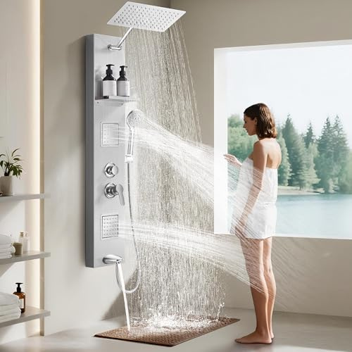 Shower Panel System, Multi-Function Shower Tower With 4 Body Spray, 5 Handheld Settings, Shelf & Adjustable Height, Rainfall + Waterfall Shower Head, Rain Massage Spa System For Bathroom