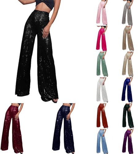 Pantalon À Paillettes Vintage Évasé pour Femme Long Pantalons Évasé Disco Scintillant Taille Haute Imprimé Hippie Tenue De Soirée De Danse Hip-Hop