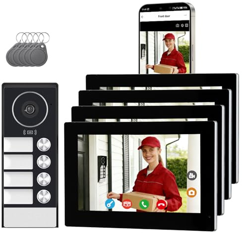 Honmidatek Citofono Bifamiliare, video Citofoni Wi-Fi con monitor Schermi da 7, Campanello con Telecamera per Visione Notturna, Rilevamento Persone, Sblocco Tramite App/RFID badge, Per 4 Famiglie