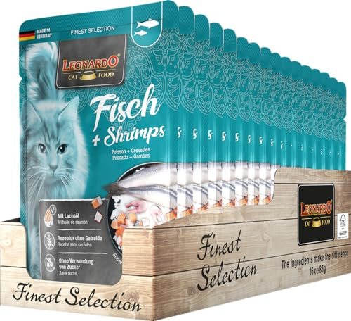 Leonardo Sacchetto salvafreschezza [16x85g Pesce + Gamberetti] | Cibo umido senza cereali per gatti | Alimento completo umido in busta monoporzione