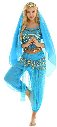 YiZYiF Damen Bauchtanz Kostüm Münzperlen Bauchtanz Oberteil Haremshose Kopftuch Hüfttuch indische Tanzkleidung Karneval Fasching Kostüm See Blau Einheitsgröße