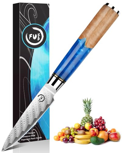 Fukep Paring Knife 3.5 Inch Damascus Paring Knife Small Fruit Knife Ultra Sharp Damascus VG10 Core Steel with 66 Layers High Carbon Steel Classical Pattern Blue Handle Unique Gifts with Gift Box